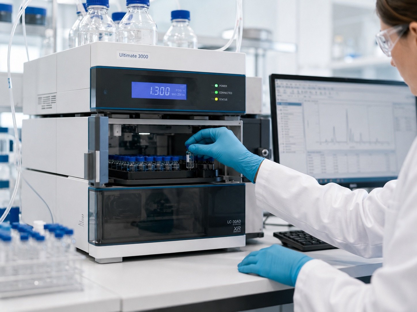 HPLC-apparatuur waarmee de zuiverheid van elke peptidebatch wordt geanalyseerd